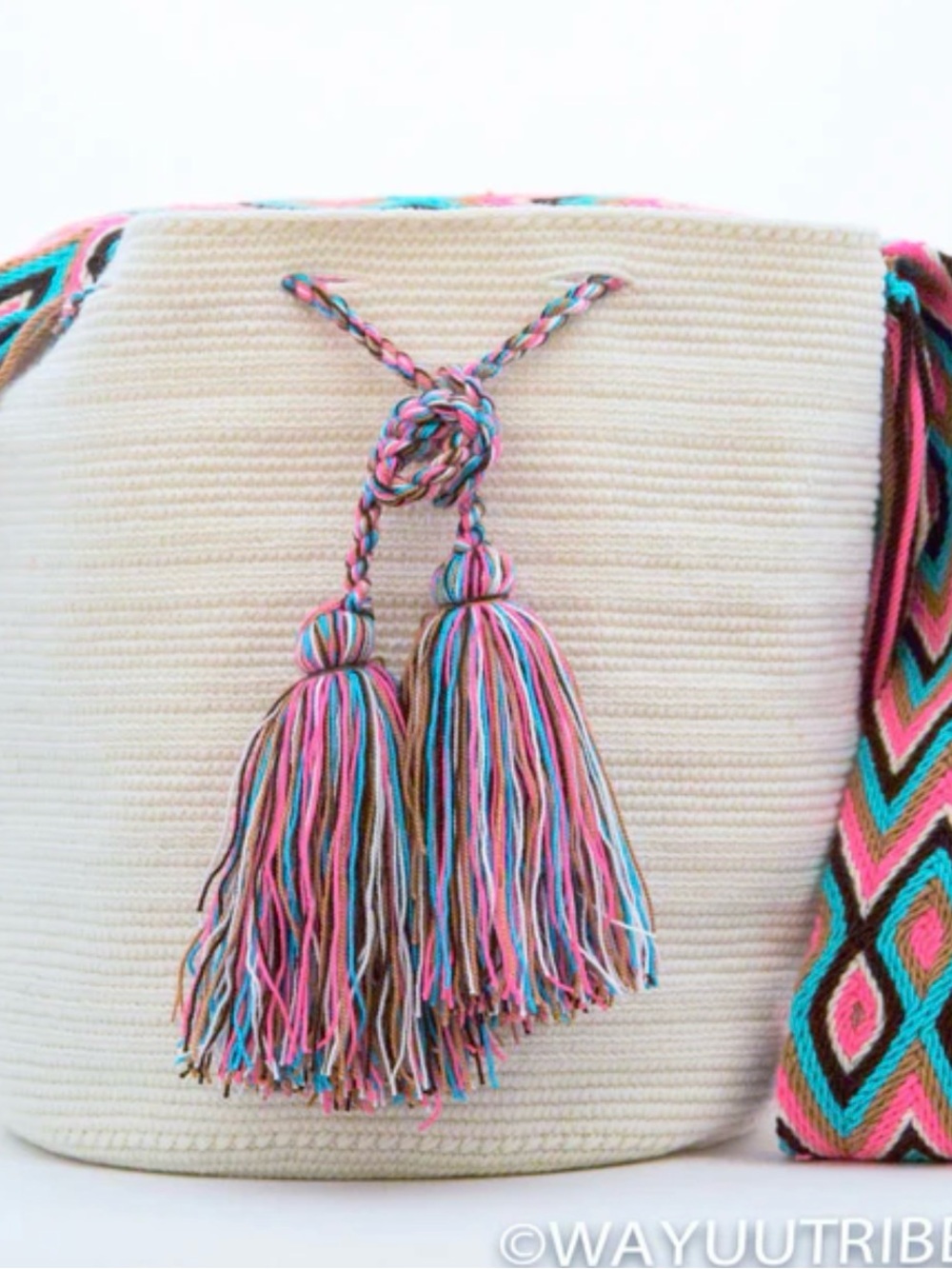 Wayuu Tribe Cream Crossbody Bag with Pink, Turquoise, Brown Tassels